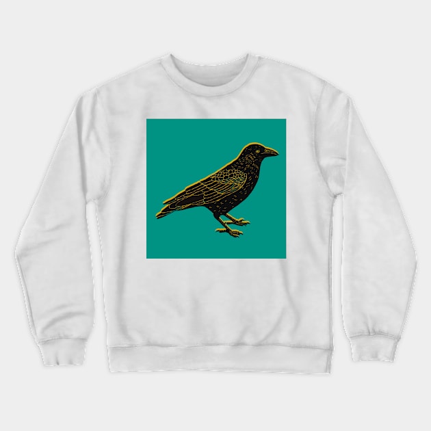 Crow block print black yellow green Crewneck Sweatshirt by Kimmygowland